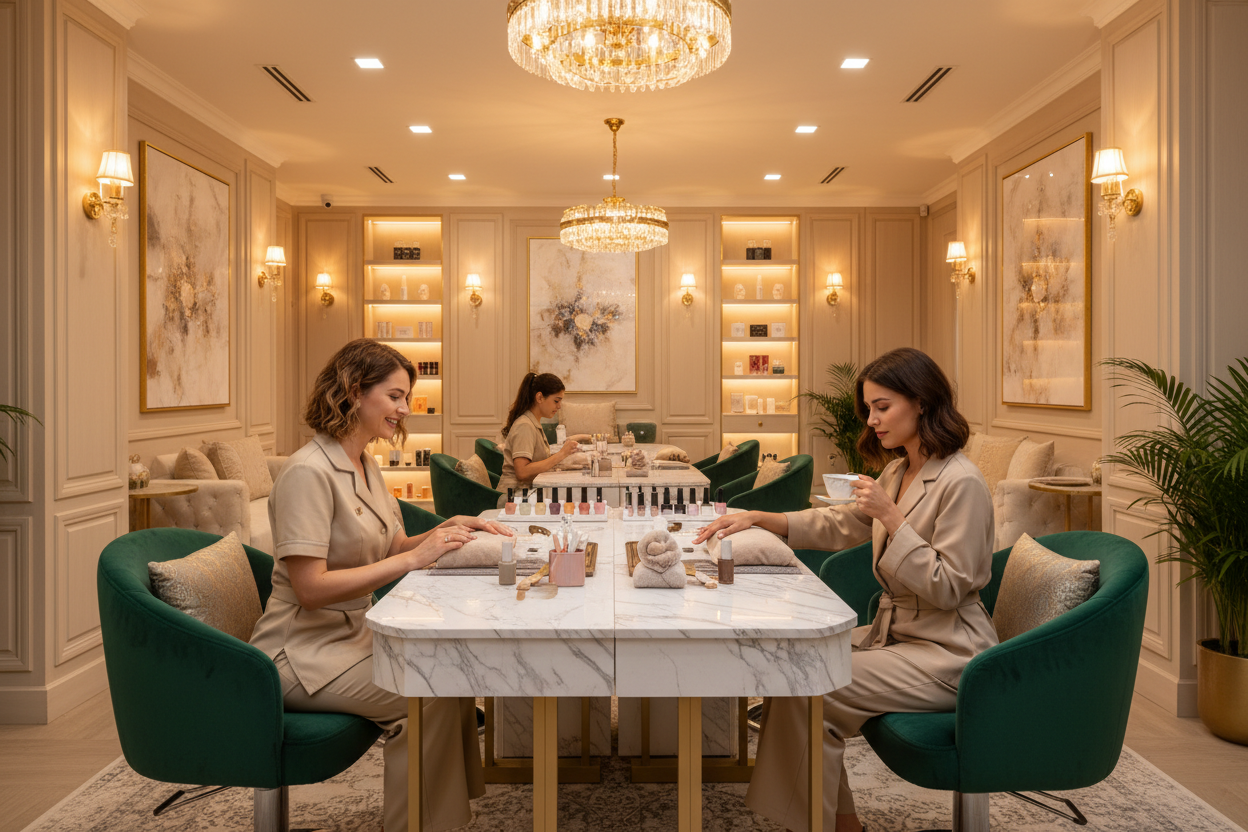 Two PRIVÉ Stationary Chairs at a double-sided nail table in a luxury salon, both occupied by clients receiving manicure services
