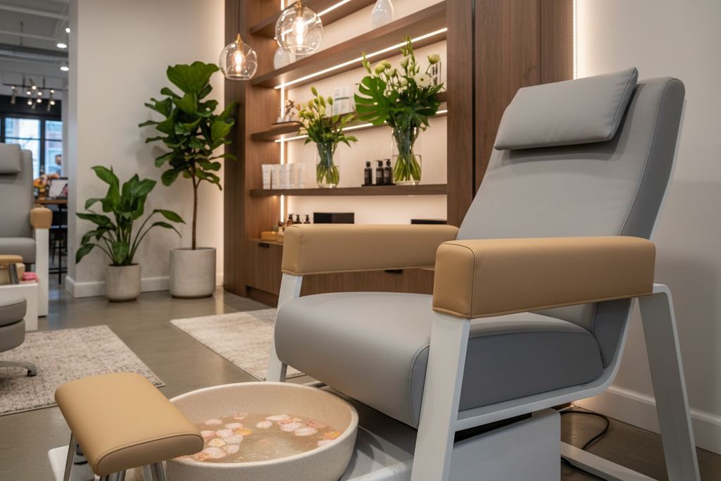 UltraTouch leatherette armrest covers installed on a luxury pedicure lounge chair in an upscale nail salon