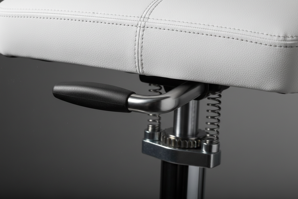 Close-up of PRIVÉ stool hydraulic height-adjustment lever mechanism and ULTRALEATHER saddle-contour edge stitching showing seat profile geometry