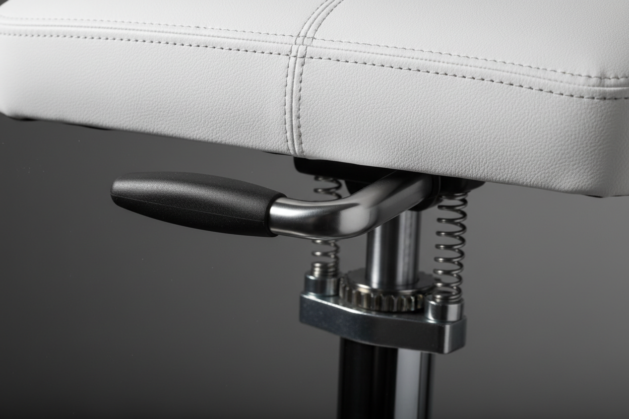 Close-up of PRIVÉ stool hydraulic height-adjustment lever mechanism and ULTRALEATHER saddle-contour edge stitching showing seat profile geometry