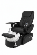 ELITE pedicure chair in black colorway front three-quarter angle showing DCS touchpad, foldable tray, lift-up armrests, and basin