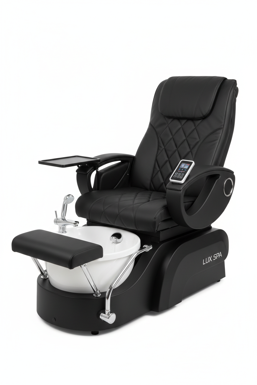 ELITE pedicure chair in black colorway front three-quarter angle showing DCS touchpad, foldable tray, lift-up armrests, and basin