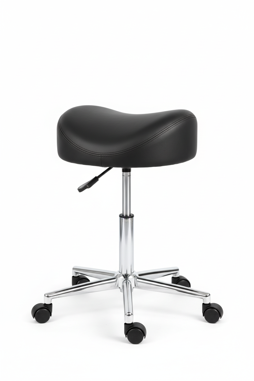 PRIVÉ Technician Pedicure Stool in black colorway showing saddle seat, chrome star base, and casters on white background