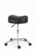 PRIVÉ Technician Pedicure Stool in black colorway showing saddle seat, chrome star base, and casters on white background