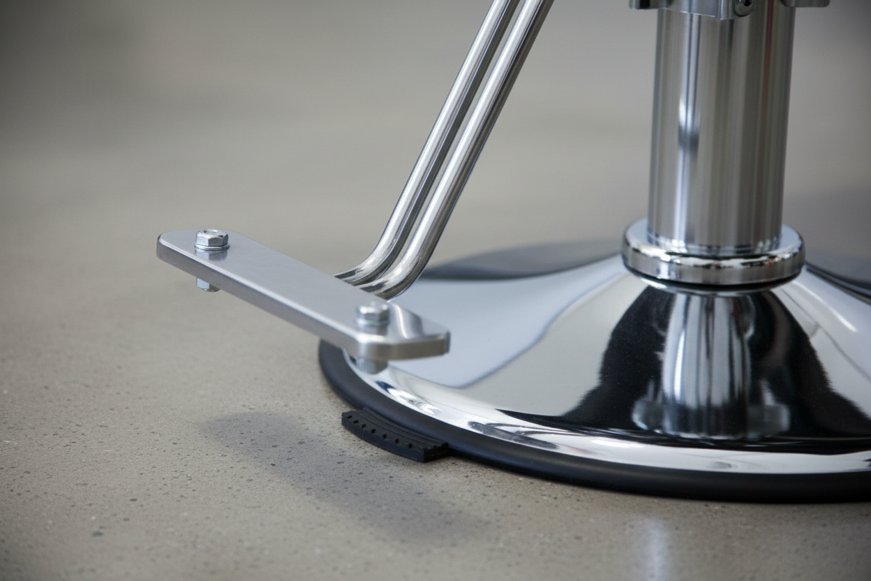 Close-up of PRIVÉ Stationary Chair weighted chrome pedestal base showing non-scratch foot pad, base casting finish, and stem-to-seat connection plate