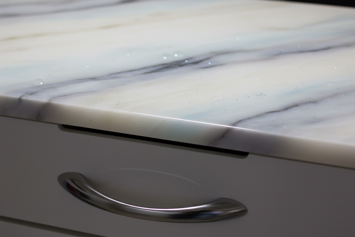 Close-up of PRIVÉ nail table Moonstone marble gel-coated surface showing acetone-resistant finish, integrated ventilation slot, and chrome drawer handle
