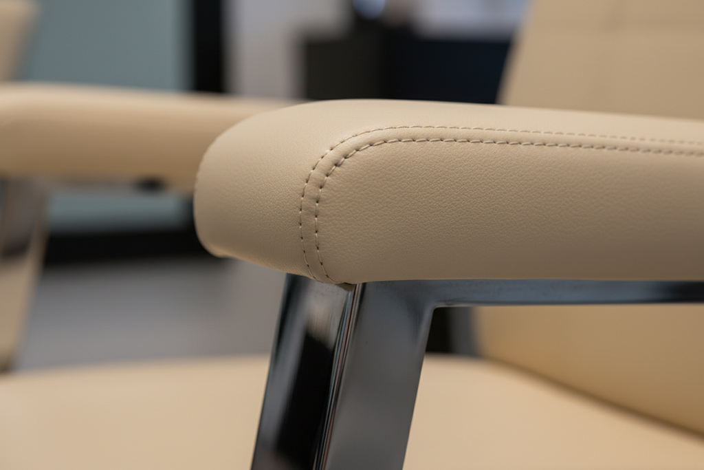 Close-up of PRIVÉ Customer Chair armrest-to-seat junction showing ULTRALEATHER stitching, padded armrest profile, and chrome post connection