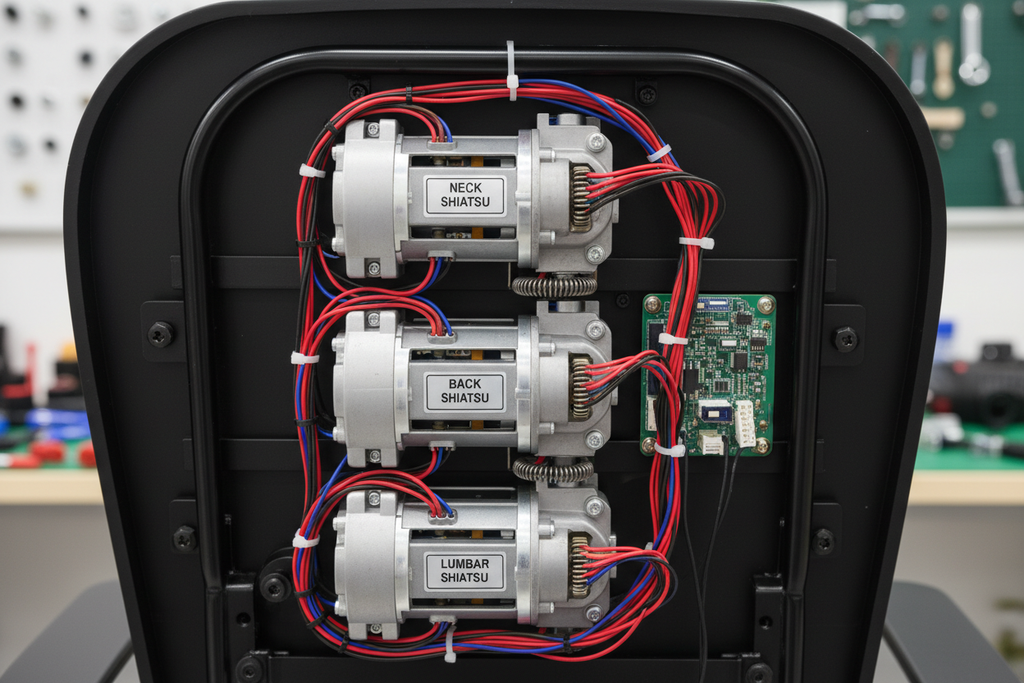 Close-up of three shiatsu massage motors visible through chair back panel showing motor housing labels and wiring harness